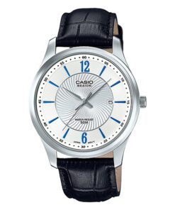 Casio BEM-151L-1A black leather strap White simple analog dial men's wrist watch