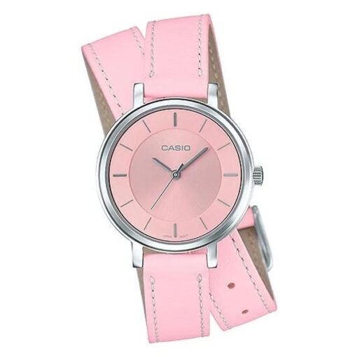 Casio LTP-E143DBL-4A2 pink leather double loop band pink analog dial ladies wrist watch