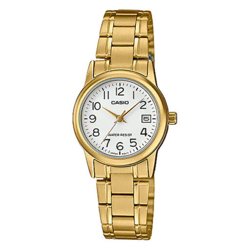 Casio LTP-V002G-7B2 golden stainless steel chain white numeric dial ladies wrist watch