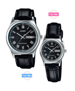Casio-mtp-ltp-v006L-1B Classic black roman dial black leather band water resistant date display couple watch for gift
