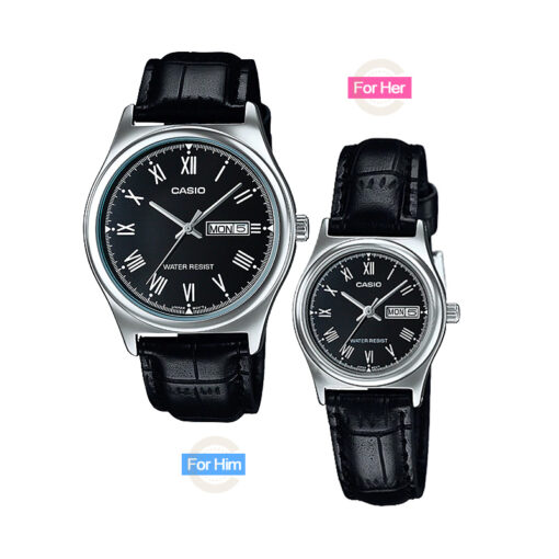 Casio-mtp-ltp-v006L-1B Classic black roman dial black leather band water resistant date display couple watch for gift