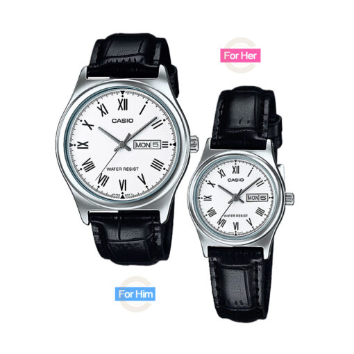 Casio-mtp-ltp-v006L-7B enticer gents and ladies white classic roman dial date and day display water resistant black leather band gift watch for couple