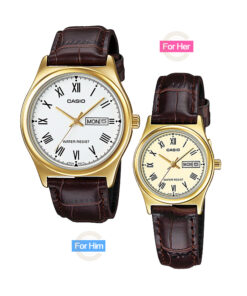 Casio-mtp-ltp-v006gl-7b-his and her pair brown leather strap golden roman dial branded couple gift wrist watches