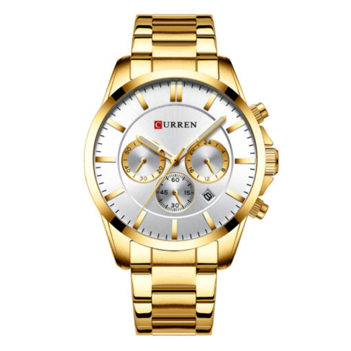 curren 8358 golden stainless steel chain white chronograph dial mens wrist watch