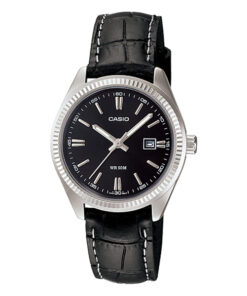 LTP-1302L-1A black leather strap black analog dial ladies wrist watch