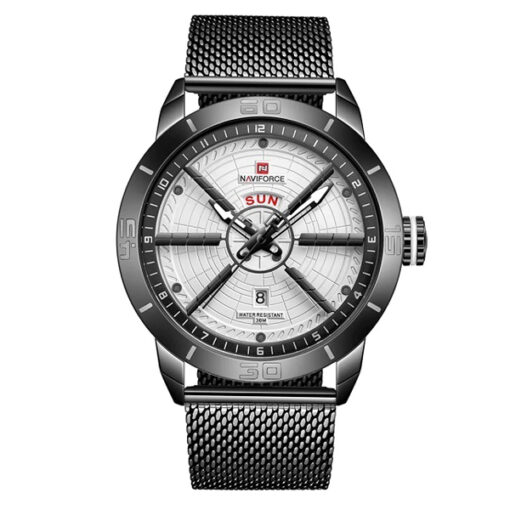 NaviForce NF9155M black mesh chain white analog dial men's quartz wrist watch