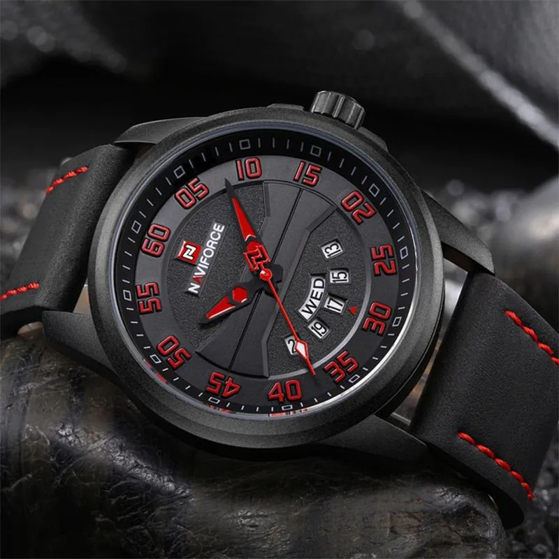 NaviForce NF9124 black leather strap red/black analog dial mens wrist watch