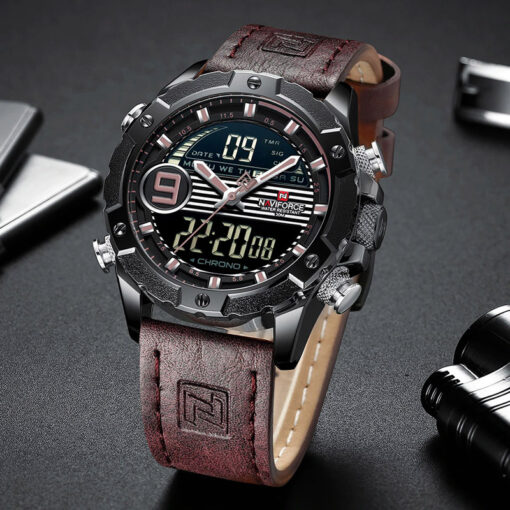 NaviForce NF9146M maroon leather band black analog digital mens watch