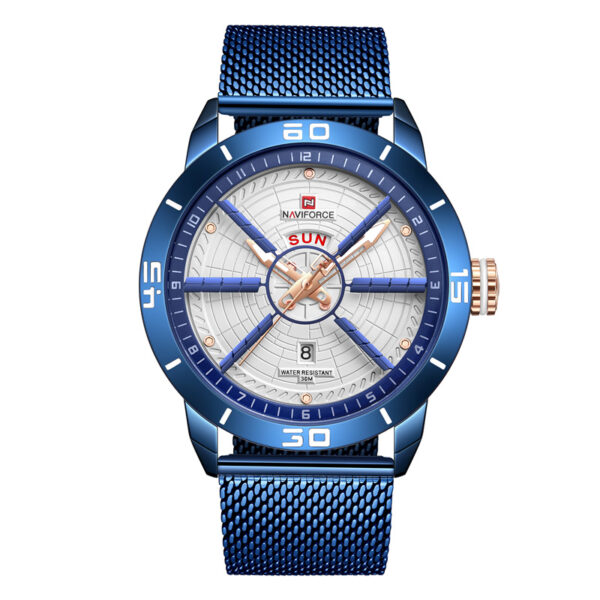 NaviForce NF9155M blue mesh chain white analog mens hand watch
