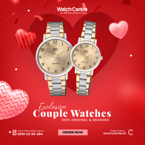 Q&Q-Q945-Q944J404-pair golden dial two tone stainless steel chain analog pair gift watches
