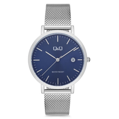 Q&Q A466J212Y silver mesh strap blue dial mens analog wrist watch