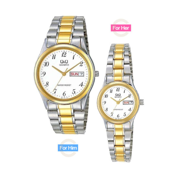Q&Q-BB16-BB17-his and her Pair stainless steel two tone chain water resistant day and date display white round case gift couple wrist watches