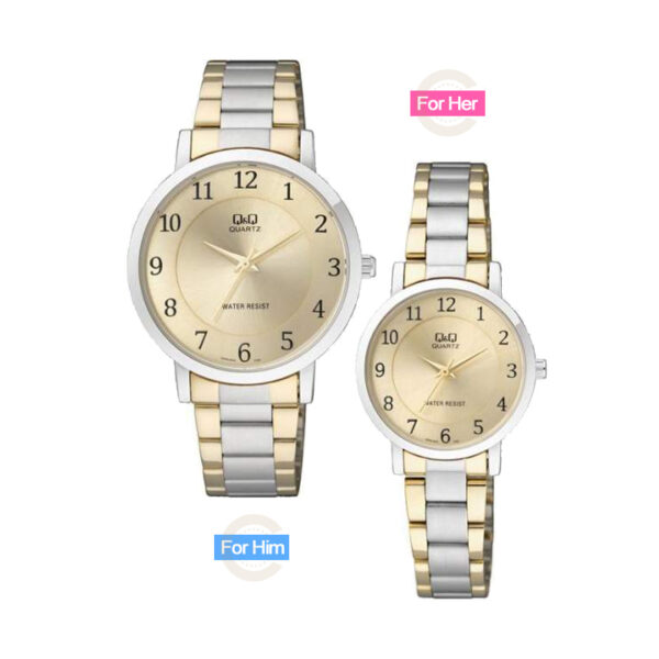 Q&Q-Q945-Q944J404-pair golden dial two tone stainless steel chain analog pair gift watches