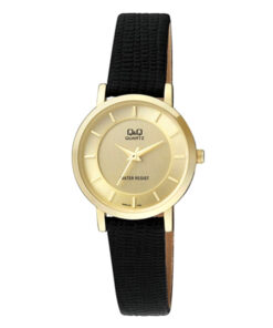 Q&Q Q945J100Y black leather strap golden dial ladies wrist watch