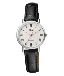 Q&Q QA21J307Y black leather strap white roman dial ladies analog wrist watch