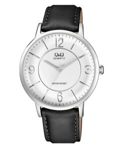 Q&Q QA24J332Y black leather band white simple analog dial mens wrist watch