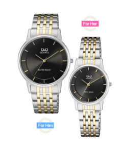 Q&Q-QA56J402-QA57J402-black-golden-chain water resistant his and her pair gift couple wrist watches