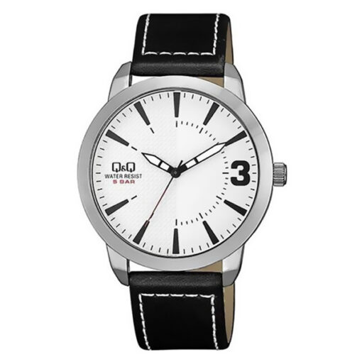 Q&Q QA98J301Y black leather strap white dial mens analog wrist watch