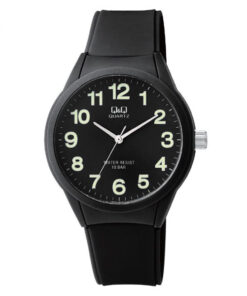 Q&Q VR28J004Y black resin band black dial analog mens wrist watch