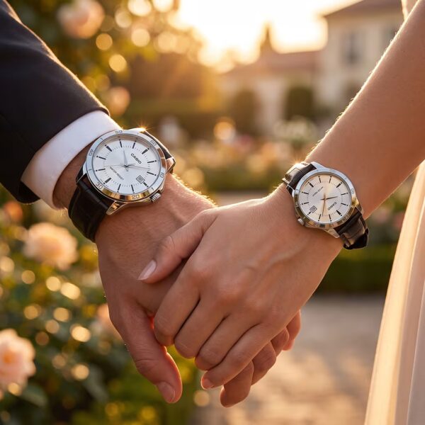 Casio Leather Strap Couple Watch Set shot on a couple wrists