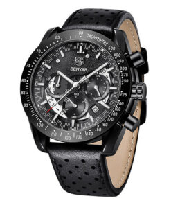 benyar 5120 black leather strap black chronograph dial mens wrist watch