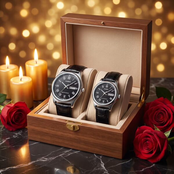 Original Casio Black Leather Roman Dial Couple Watches Pakistan - Image 3