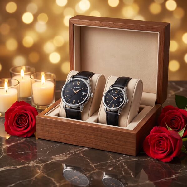 Casio Black Leather Anniversary Gift Watch Set in a Box