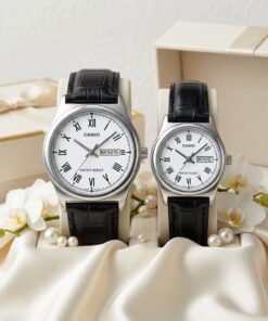 Anniversary Gift Watches for Couples | Casio White Roman Dial Black Leather Couple Watch Set