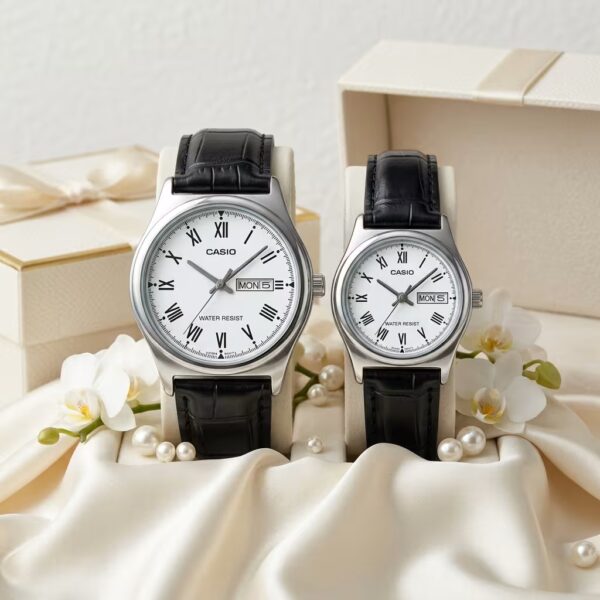 Anniversary Gift Watches for Couples | Casio White Roman Dial Black Leather Couple Watch Set