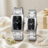 Luxury Couple Gift Watches | Casio Black Rectangular Dial Silver Stainless Steel Watch Set
