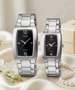 Luxury Couple Gift Watches | Casio Black Rectangular Dial Silver Stainless Steel Watch Set