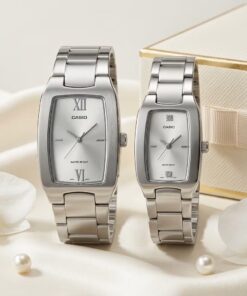Elegant Couple Gift Watches | Casio Silver Rectangular Dial Stainless Steel Watch Set