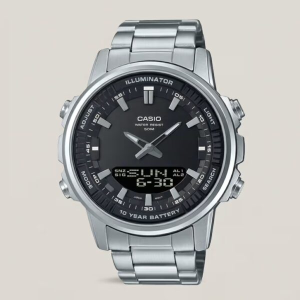 Casio AMW-880D-1AV silver stainless steel black analog digital dial mens wrist watch
