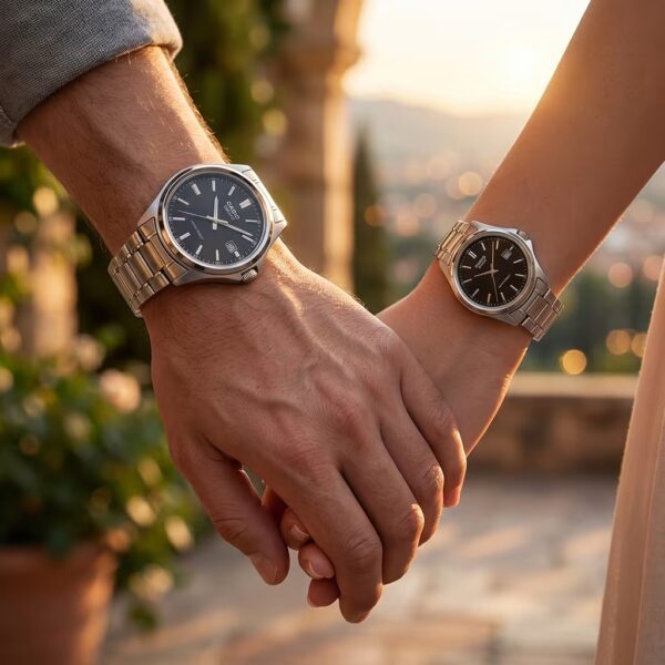 Anniversary Gift Casio Couple Watches showcased on couple wrists