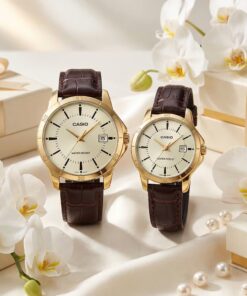 Original Casio Gold Dial Brown Leather Couple Watches Pakistan | Wedding & Anniversary Gift Set
