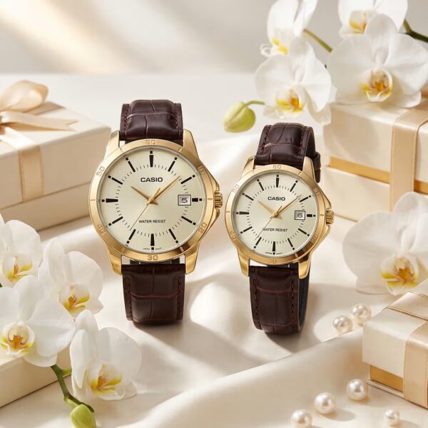 Original Casio Gold Dial Brown Leather Couple Watches Pakistan | Wedding & Anniversary Gift Set