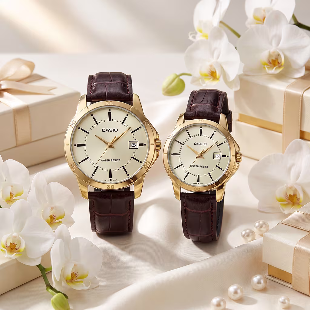 Original Casio Gold Dial Brown Leather Couple Watches Pakistan | Wedding & Anniversary Gift Set