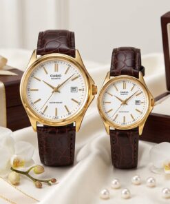 Original Casio Gold Case Brown Leather Couple Watches Pakistan | Premium Wedding & Anniversary Gift Set