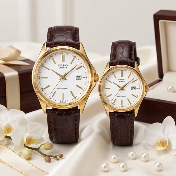 Original Casio Gold Case Brown Leather Couple Watches Pakistan | Premium Wedding & Anniversary Gift Set