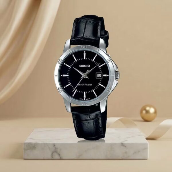 Casio ladies black dial watch with silver-tone case, black leather strap and date display