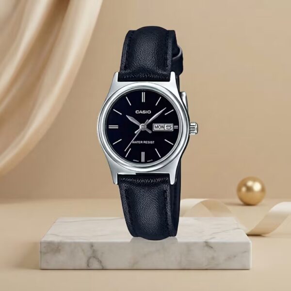Casio ladies black dial watch with silver-tone case, black leather strap and day-date display