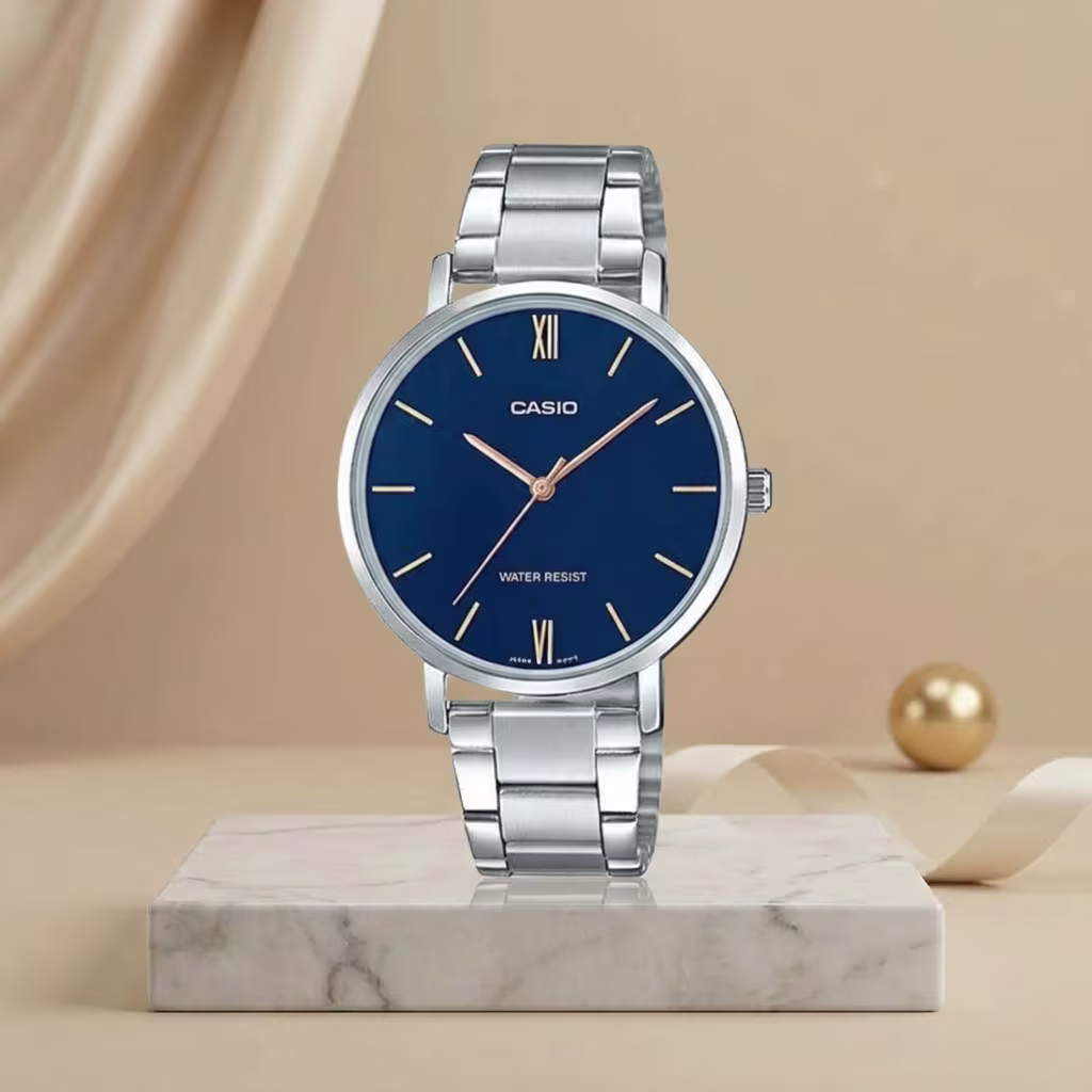Casio ladies blue dial watch with silver stainless-steel bracelet and rose-gold hands and markers
