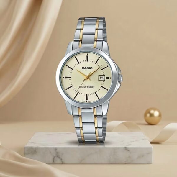 Casio ladies champagne dial watch with silver and gold two-tone stainless-steel bracelet and date display