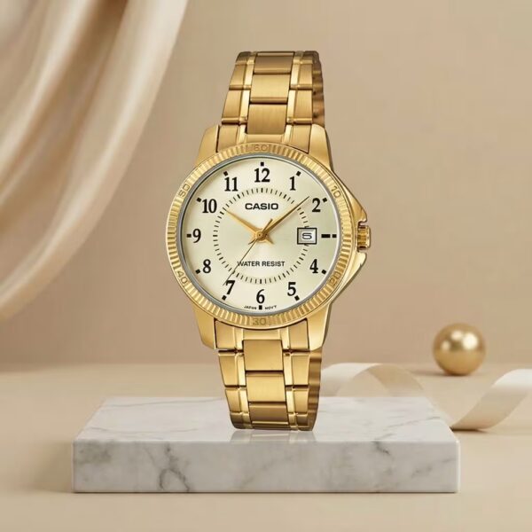 Casio ladies gold-tone watch with champagne numeric dial, date display and gold stainless-steel bracelet