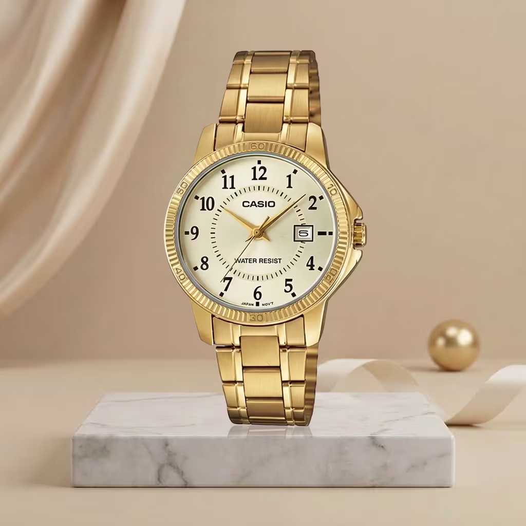 Casio ladies gold-tone watch with champagne numeric dial, date display and gold stainless-steel bracelet