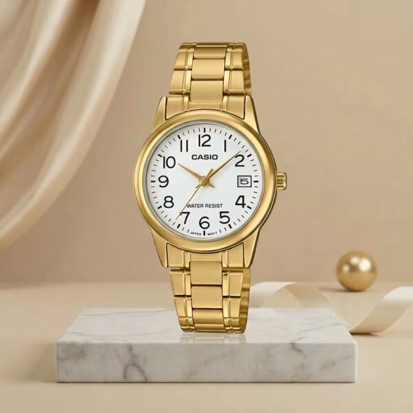 Casio ladies gold-tone watch with white numeric dial, stainless-steel bracelet and date display