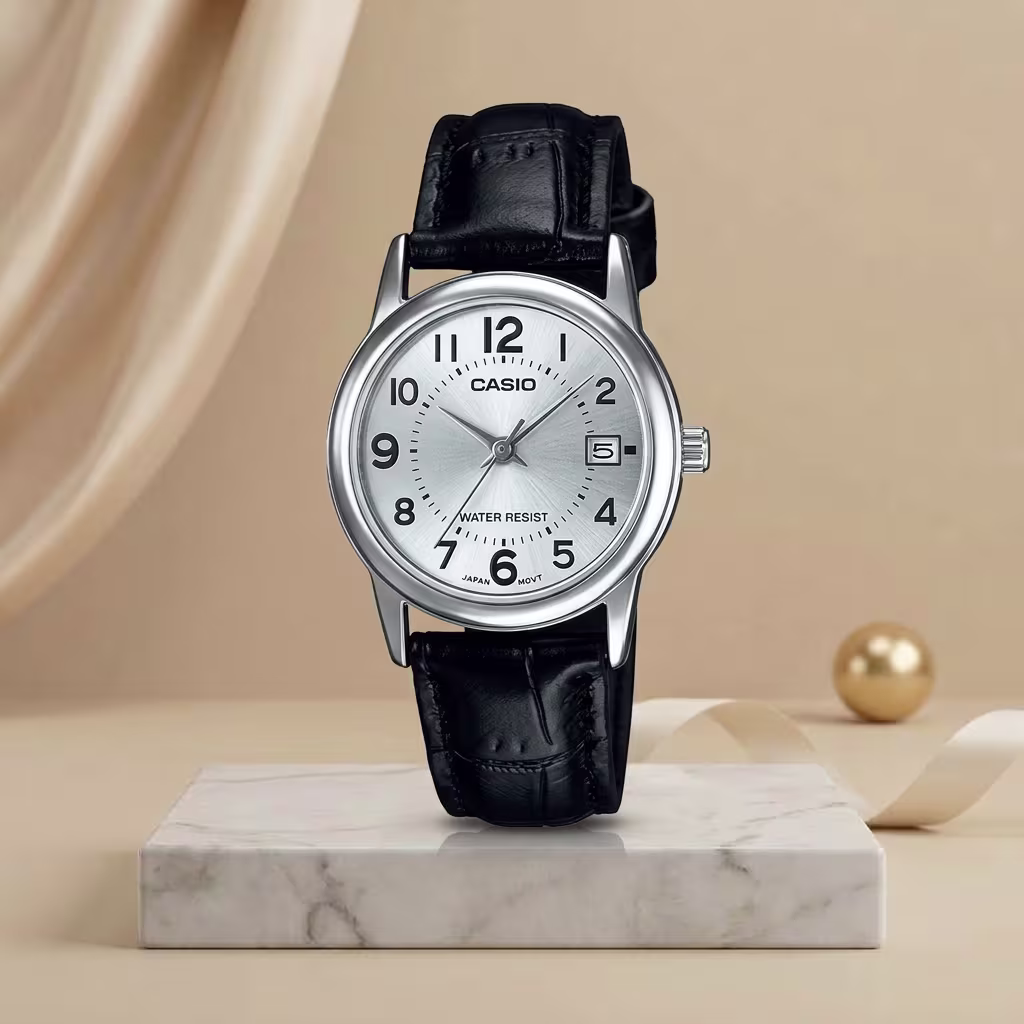 Casio ladies silver dial watch with black leather strap, silver-tone case and date display