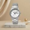 Casio ladies silver dial watch with silver stainless-steel bracelet and day-date display