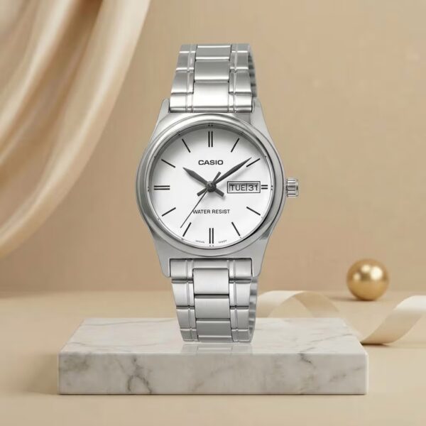 Casio ladies silver dial watch with silver stainless-steel bracelet and day-date display