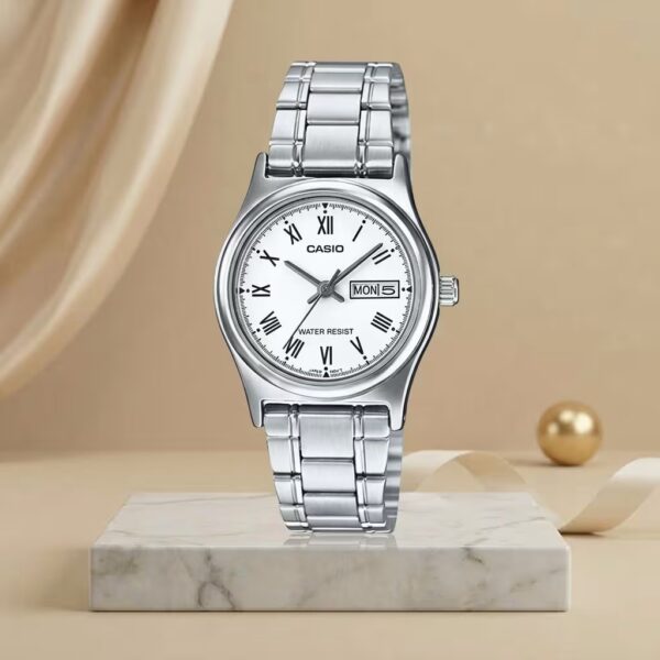 Casio ladies white Roman numeral dial watch with silver stainless-steel bracelet and day-date display